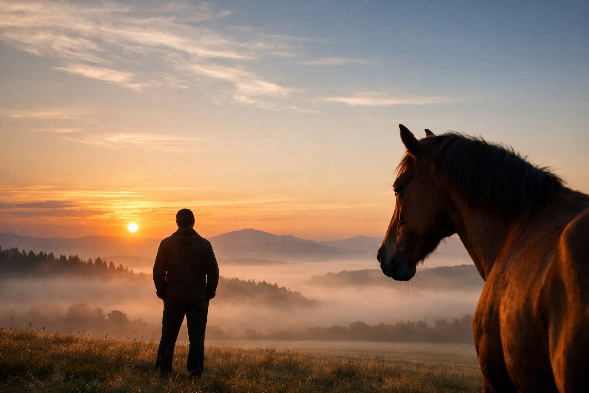 A person standing in a golden field, facing a horse at late-afternoon light.