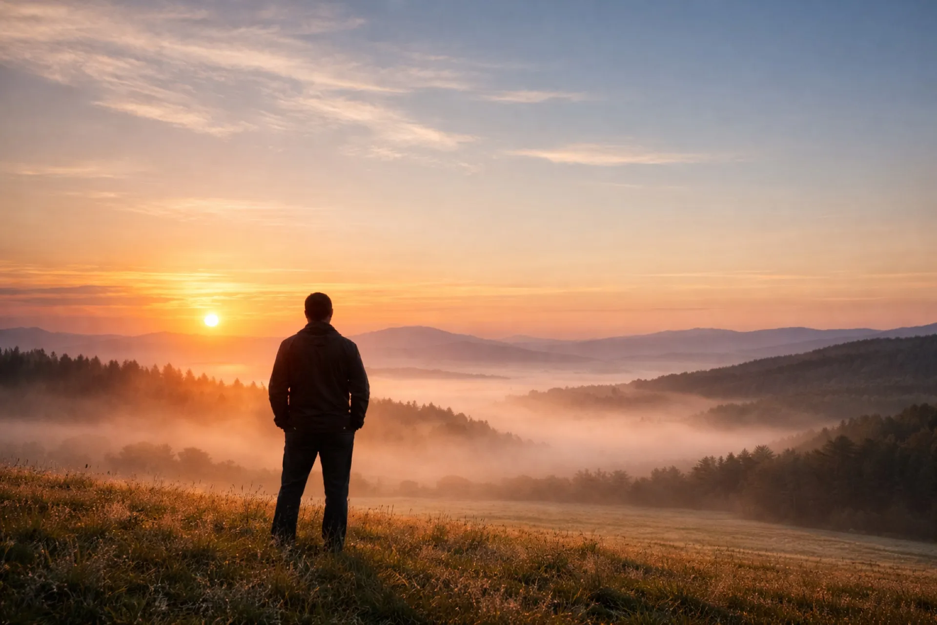 A leader pausing to reflect at dawn — the inner work of individual coaching.